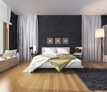 住宿设施摄影照片_现代室内的一间卧室与暗色调，床上墙和 