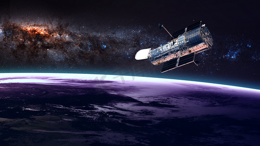 宇航员美国摄影照片_在地球上方轨道上的哈勃空间望远镜。美国航天局提供的这一图像的要素.