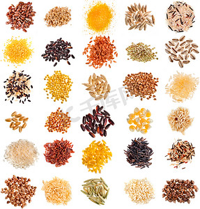 Set of Cereal Grains and Seeds Heaps