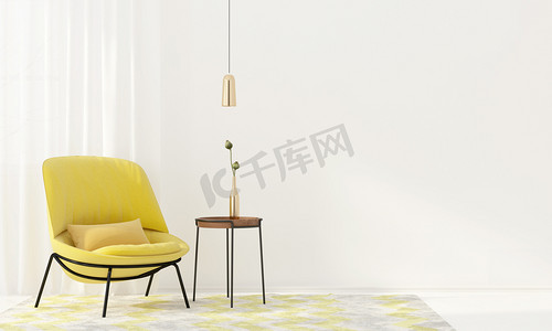 室内装饰和一个黄色的扶手椅 