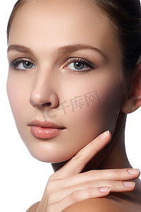 Spa woman. Natural beauty face. Beautiful girl touching her face. Perfect skin. Skincare. Young Skin. Manicured nails. Cosmetics & makeup