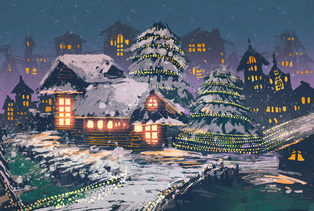 活动场景图背景摄影照片_圣诞灯与木结构房屋的圣诞夜景