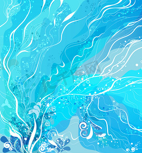明亮的蓝色背景，与抽象花、 小插曲和线模式。水下，海上生活模仿.