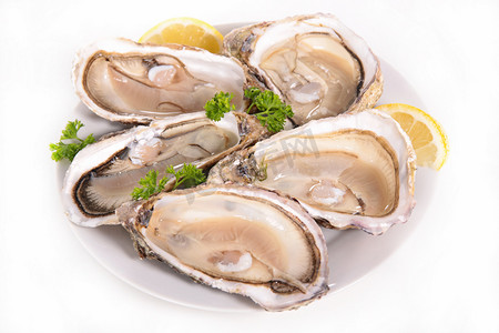 diet摄影照片_oysters with lemon, seafood