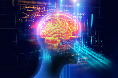 心理插图摄影照片_人类大脑的编程语言背景的 3d 渲染 