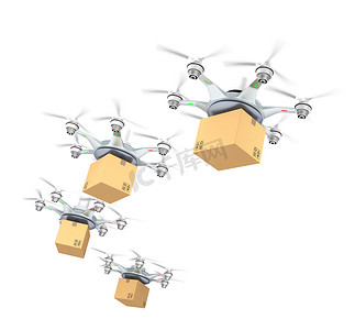 hexacopter摄影照片_行的无人驾驶飞机交付概念纸板包装和发货