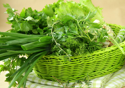新鲜青草香菜莳萝洋葱草药混合在一个柳条篮子里