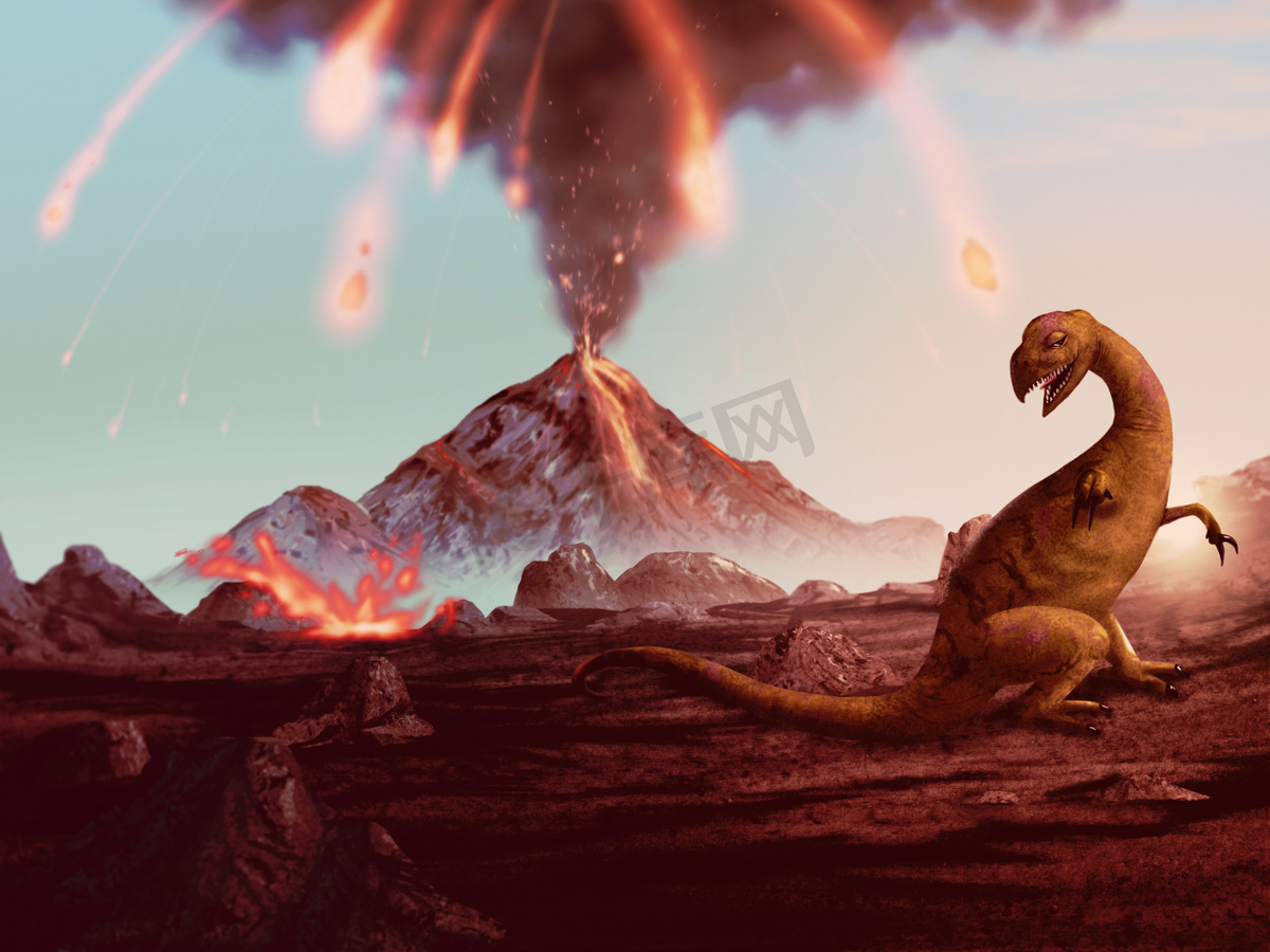 丛林中的恐龙以火山喷发为背景插画图片素材_ID:409128467-Veer图库