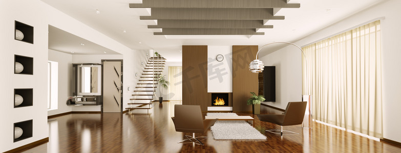 flame摄影照片_Modern apartment interior panorama 3d render