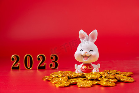 新年白天兔子红色背景摆放摄影图配图
