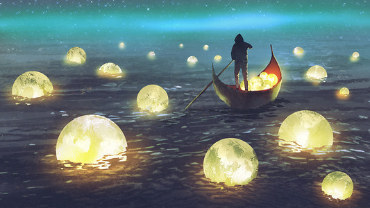 发光样式摄影照片_在海上漂浮的许多发光的月亮的人的夜风景, 数字式艺术样式, 例证绘画