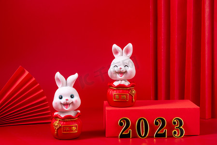 兔年新年兔子摄影照片_新年春节2023两个兔子桌子摆放摄影图配图