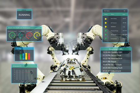 行业4.0 概念。智能工厂使用自动机械臂与增强混合虚拟现实技术显示数据与人工智能用户界面 (ui), 而操作线
