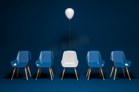一排深蓝色的椅子, 上面有一把白色的椅子和一个气球。选择的概念, 是独一无二的。3d 渲染复制空间