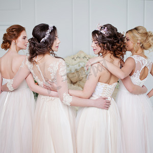 婚礼花边摄影照片_新娘在婚礼沙龙。四美丽的女孩在对方的怀抱里。背部, 特写花边裙