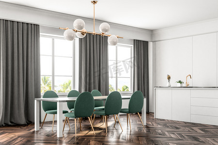 豪华餐厅和厨房内饰有一层深色的木地板, 白色的墙壁, 有窗帘的大窗户和一张带绿色椅子的桌子。侧面视图。3d 渲染模拟