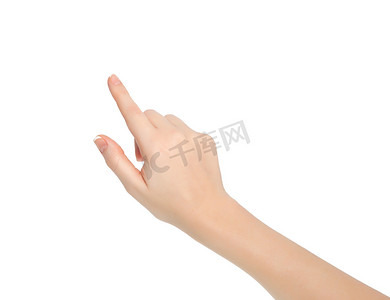 指向手势摄影照片_触摸或指向某物的孤立的女性手