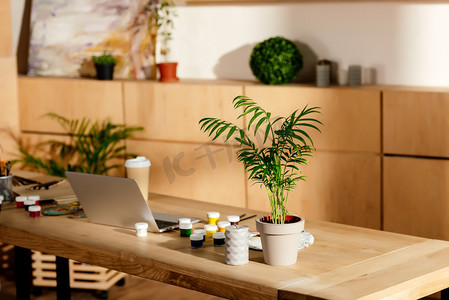 艺术家演播室内部与绘画供应、膝上型电脑和盆栽植物在木桌 