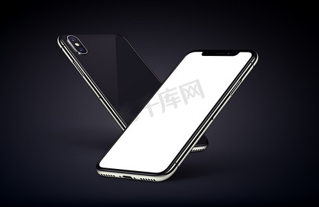 iphonex摄影照片_类似于 iphone X 透视智能手机在深色背景上使用白色屏幕模拟背面和正面