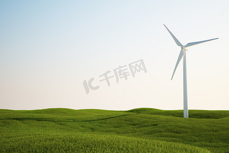 绿草字段上的风力发电机组