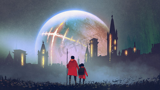 夜风景的人和他的女儿看着神秘的城堡反对发光的行星, 风格, 插图绘画