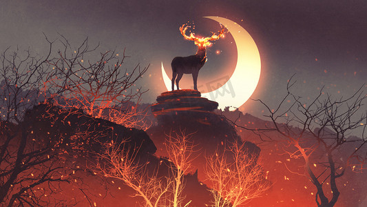 火灾讲堂摄影照片_火角鹿站在森林火灾, 风格, 插图绘画岩石