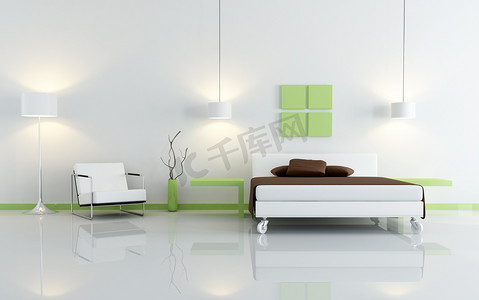 现代的绿色和白色卧室