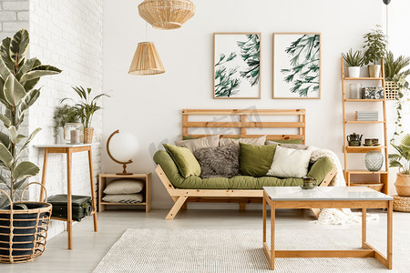 在起居室的绿色沙发前铺上地毯的木桌, 里面有植物和海报。真实照片