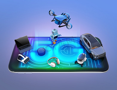 智能手机, 无人机, 自主车辆和机器人智能电话, 5g 概念。3d 渲染图像.