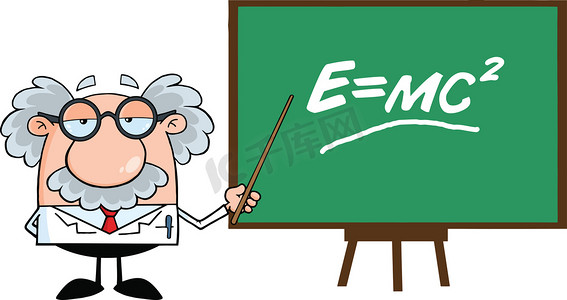 射箭吉祥物摄影照片_有趣的科学家或教授用指针介绍爱因斯坦公式
