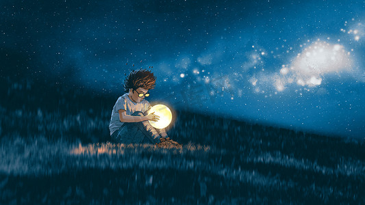 夜晚的场景显示年轻的男孩与一个小月亮在他的手中坐在草地上, 风格, 插图绘画