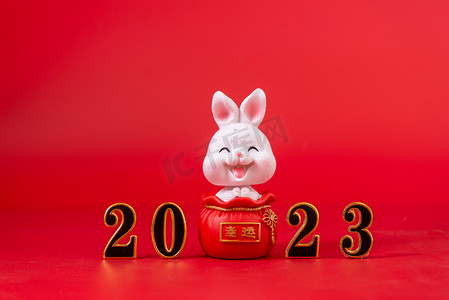 腾飞2023摄影照片_新年2023数字与兔子红色背景摆放摄影图配图