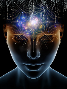 大脑开发摄影照片_心波系列。3d 人类头部图示图与意识、大脑、智力和人工智能学科的技术符号