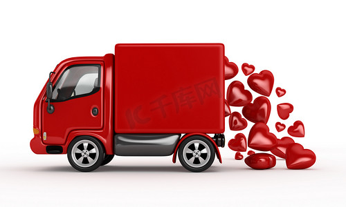 hearts摄影照片_Valentine 3D Red Van with hearts