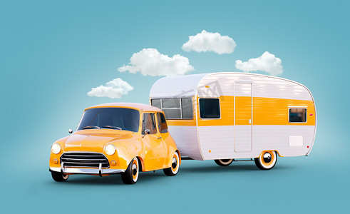 与白色拖车的复古车。不寻常的经典的商队的 3d 插图。野营和旅游概念