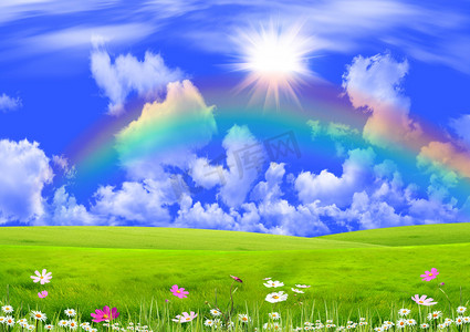 上午的太阳摄影照片_暗蓝色的天空中的彩虹