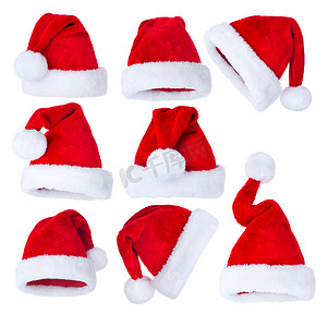 快乐小屋摄影照片_设置在白色的圣诞老人的帽子