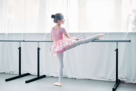 灵活性摄影照片_在芭蕾学校的粉红色芭蕾舞短裙的小孩子的后面看法
