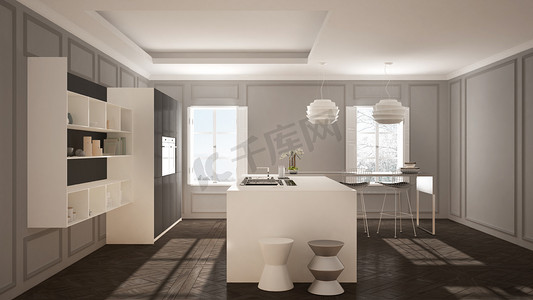 现代厨房家具经典房, 旧实木复合地板, minimalis