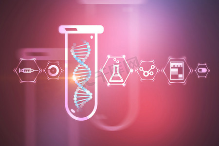 螺旋空间摄影照片_白色蓝色 dna 螺旋在试管在紫色背景下与科学和医学图标。生物技术、生物学、医学和科学概念。3d 渲染模拟色调图像