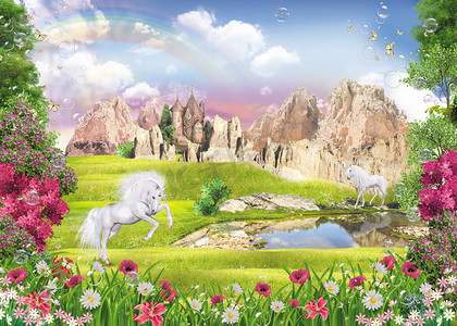美丽神话摄影照片_一个神话般的景观与独角兽, 岩石和城堡。在前景是一个花卉框架。在后面的粉红色的天空, 彩虹和云彩。在美丽的岩石中, 群山隐藏着童话般的城堡。神奇的白色独角兽正在湖边漫步。这 