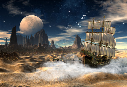 在沙漠中的一艘船的幻想现场