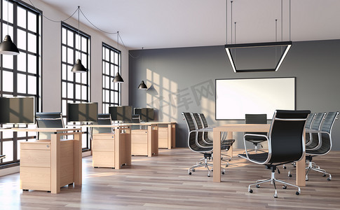 现代阁楼式办公室与灰色墙壁3d 渲染, 房间有木地板和灰色墙壁。配有木桌和黑色皮椅。外面有黑窗可眺望. 