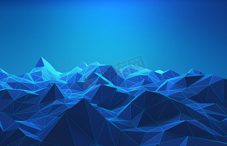 科幻黑色几何摄影照片_山脉的线框技术概念。科幻数据未来的背景。3d 插图.