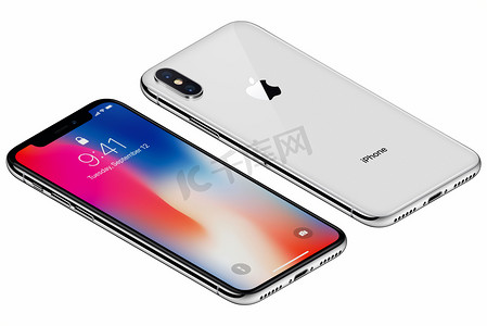 IPhone摄影照片_等距银色苹果 iphone X 前端与 ios 11 锁屏界面和背面隔离的白色背景