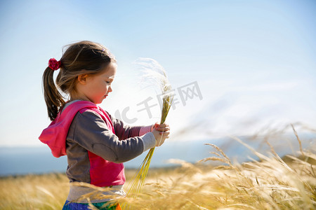 亦摄影照片_可爱的小女孩，采摘草 