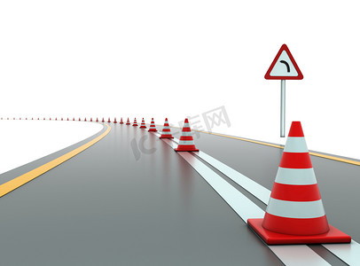 barricade摄影照片_Road with traffic cones and sign