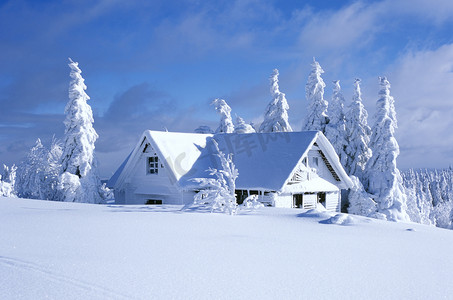 波点白色摄影照片_在冬季，orlicke 工业区，捷克共和国的小屋
