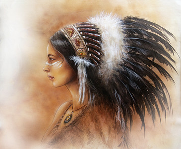 年轻的印度女人穿着大羽毛头饰，结构化的抽象背景上的侧面肖像