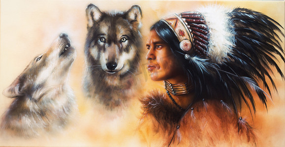 美丽的喷枪画的年轻的印第安武士，伴随着两只狼